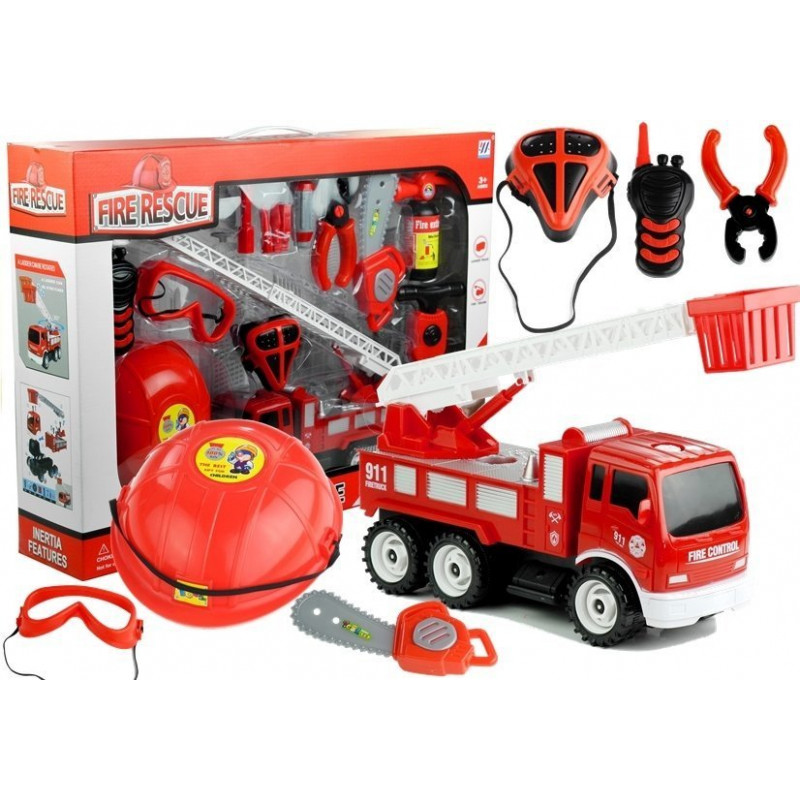 Állítsa be a Fireman Fire Engine autó sisak tűzoltó fűrész 14 elem