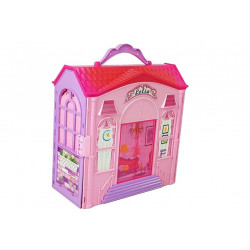 Kihajtható babaház Szőke baba kiegészítőkkel Konyha WC Hálószoba bőröndben