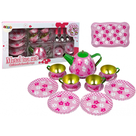 Fém virágos teáskészlet rózsaszín