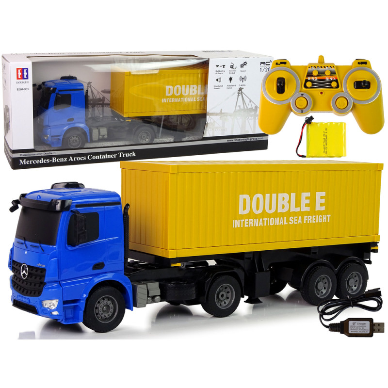 Nagyméretű R/C teherautó Mercedes Arocs Blue 1:20 konténer 58 cm hosszú