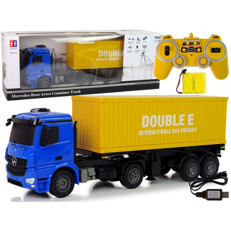 Nagyméretű R/C teherautó Mercedes Arocs Blue 1:20 konténer 58 cm hosszú