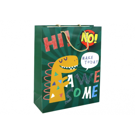 Zöld dinoszaurusz papír ajándéktáska 32cm x 26cm x 10cm