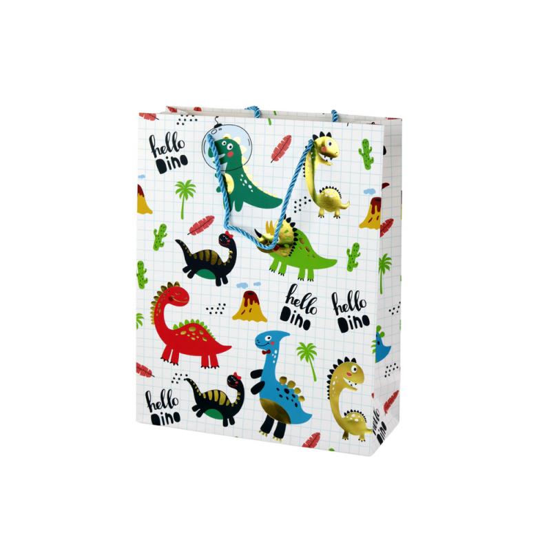 Fehér kockás papír ajándéktáska dinoszauruszok 32 cm x 26 cm x 10 cm