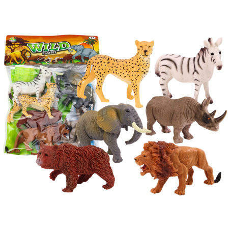 6 db vadállat figura, elefánt, oroszlán, orrszarvú készlet