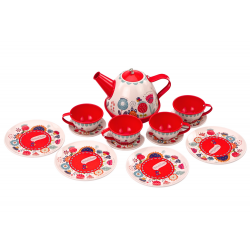 Tea- és kávékészlet dobozban, tányérok, csészék, piros