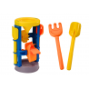 Homokos játékok, nagy daráló, spatula, gereblye, öntözőkanna, öntőformák