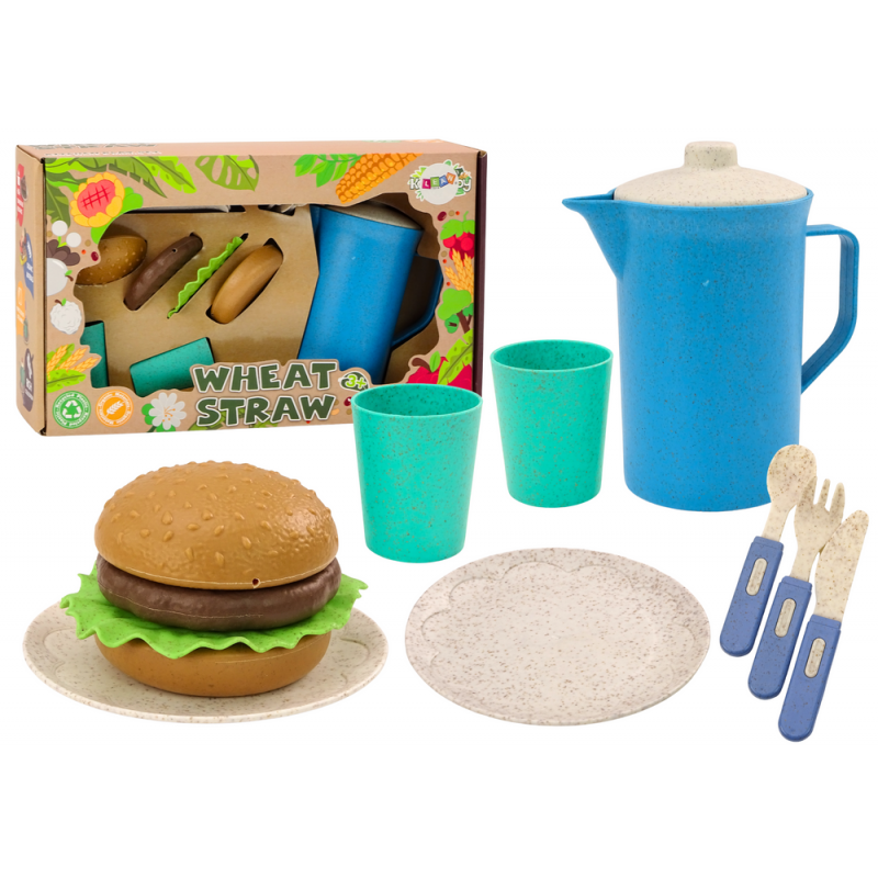 Edénykészlet, tányérok, csészék, kancsó, Hamburger, evőeszközök, 11 db