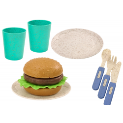 Edénykészlet, tányérok, csészék, kancsó, Hamburger, evőeszközök, 11 db